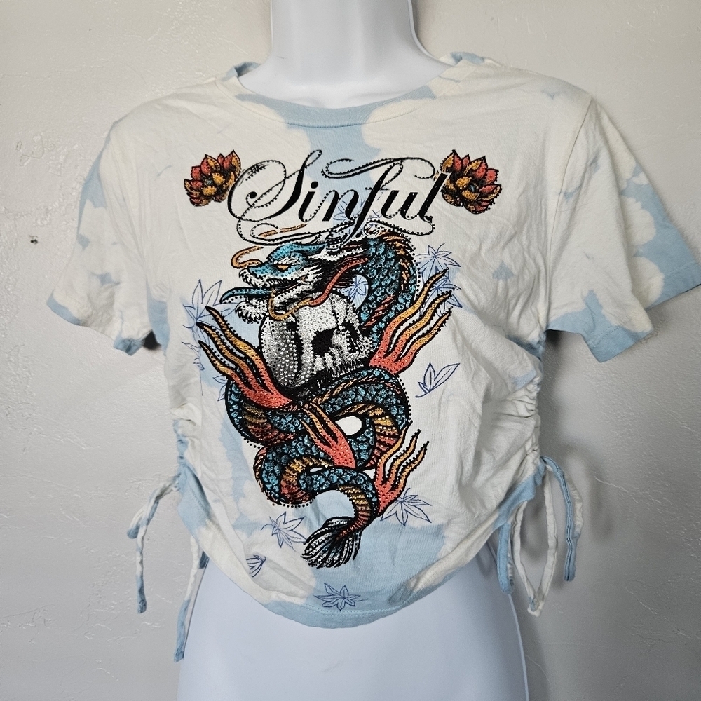 Sinful Women's Small Blue White Tie Dye Crop Top Rhinestone Snake Dragon Skull